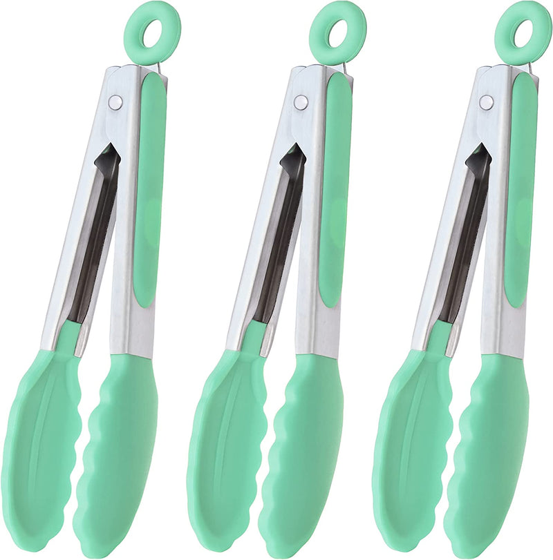 HINMAY Small Silicone Tongs 7-Inch Mini Serving Tongs, Set of 3 (Black Gray White)