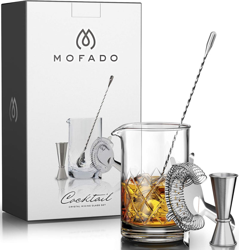 MOFADO Crystal Cocktail Mixing Glass Set - 4 Piece - 18oz 550ml - Solid, Sturdy and Durable Hand Blown Crystal Mixing Glass, Spoon, Jigger, Strainer - Beautiful Gift