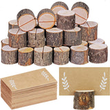 30 Pcs Rustic Wood Place Card Holders Circular Table Numbers Holder Stand Wooden Bark Memo Holder Card Photo Picture Note Clip Holders and Kraft Place Cards Bulk Wedding Party Table Number Sign