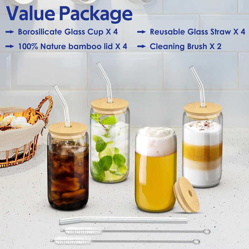 Dealusy 4 Set Glass Cups with Lids and Straws 16 oz, Glasses Drinking Set, Iced Coffee Cup with Bamboo Lids, Drinking Glasses Tumbler with Straw and Lid, Glass Can Drinking Glassware, 2 Brushes