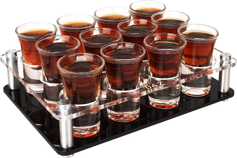 D&Z 1 Ounce Shot Glass Set with Tray, 12 Shot Glasses for Tequila/Vodka/Whiskey/Cocktail, Unique and Convenient Serving Tray - Easily Organize More Attractive Gatherings, Ideal 21st Birthday Gifts