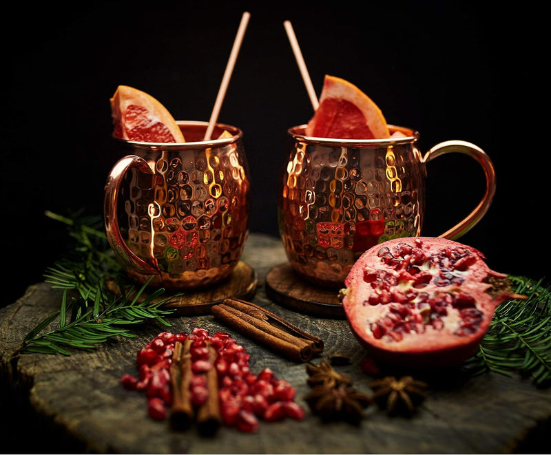 Moscow Mule Copper Mugs Set - 4 Authentic Handcrafted Copper Mugs (16 oz.) with 2 oz. Shot Glass, 4 Straws, 4 Solid Wood Coasters and Recipe Book - Gift Box Included