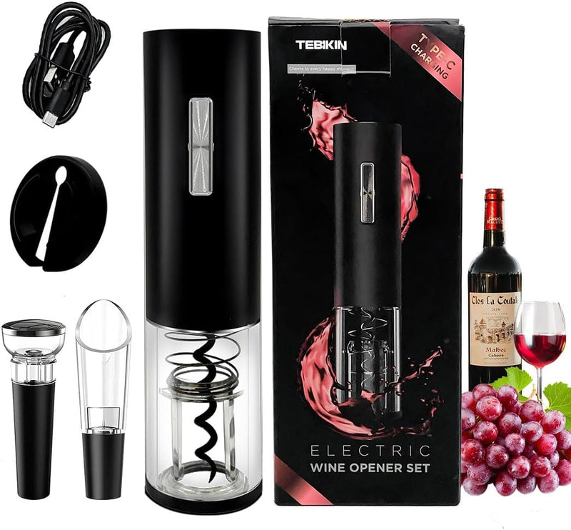 TEBIKIN Electric Wine Bottle opener，Battery Operated Automatic Wine Bottle Corkscrew Opener with Foil Cutter,2 Wine Vacuum Stopper，Wine Pourer for Gift，Home，Party