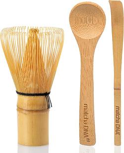 Bamboo Matcha Whisk with Bamboo Spoon and Hooked Bamboo Scoop (Chashaku) Set by MATCHA DNA - Traditional Matcha Whisk Made from Durable and Sustainable Golden Bamboo for Matcha Tea Preparation