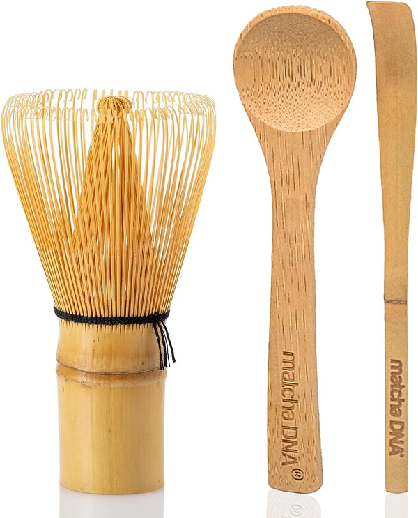 Bamboo Matcha Whisk with Bamboo Spoon and Hooked Bamboo Scoop (Chashaku) Set by MATCHA DNA - Traditional Matcha Whisk Made from Durable and Sustainable Golden Bamboo for Matcha Tea Preparation