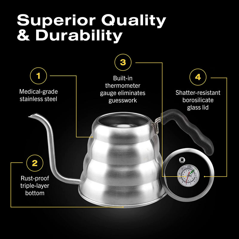 Bean Envy Pour Over Coffee Kettle - 40 oz, Stainless Steel, Gooseneck Coffee and Tea Kettle with Thermometer and Ergonomic Handle