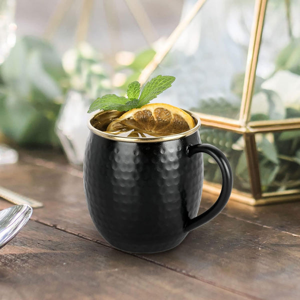 MyGift Matte Black Hammered Moscow Mule Mugs with Gold Interior, 18 oz Modern Stainless Steel Cocktail Moscow Mule Cup, Set of 2 - Handcrafted in India