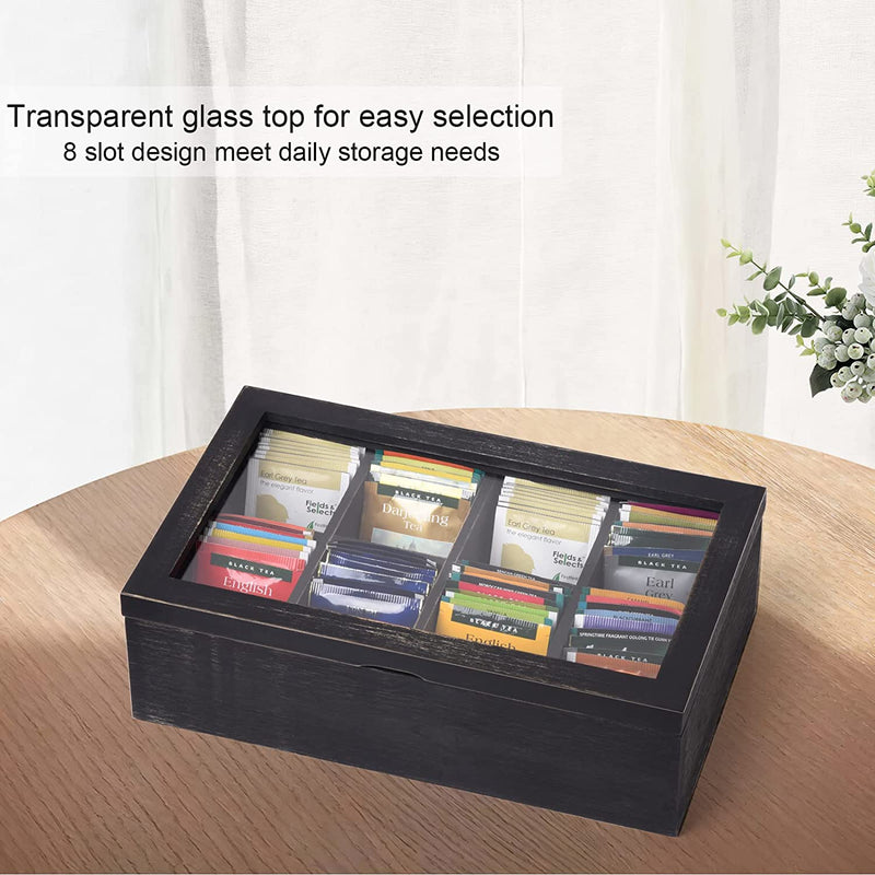 Alsonerbay Wooden Tea Box Tea Bag Holder Kitchen Storage Chest Box for Spice Pouches and Sugar Packets with 8 Compartments and Glass Window Weathered Black