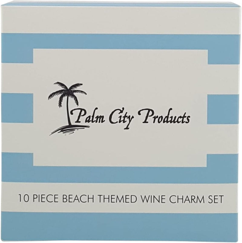 Palm City Products 10 Piece Beach Themed Wine Charm Set - Nautical Stemmed Wine Glass Charms