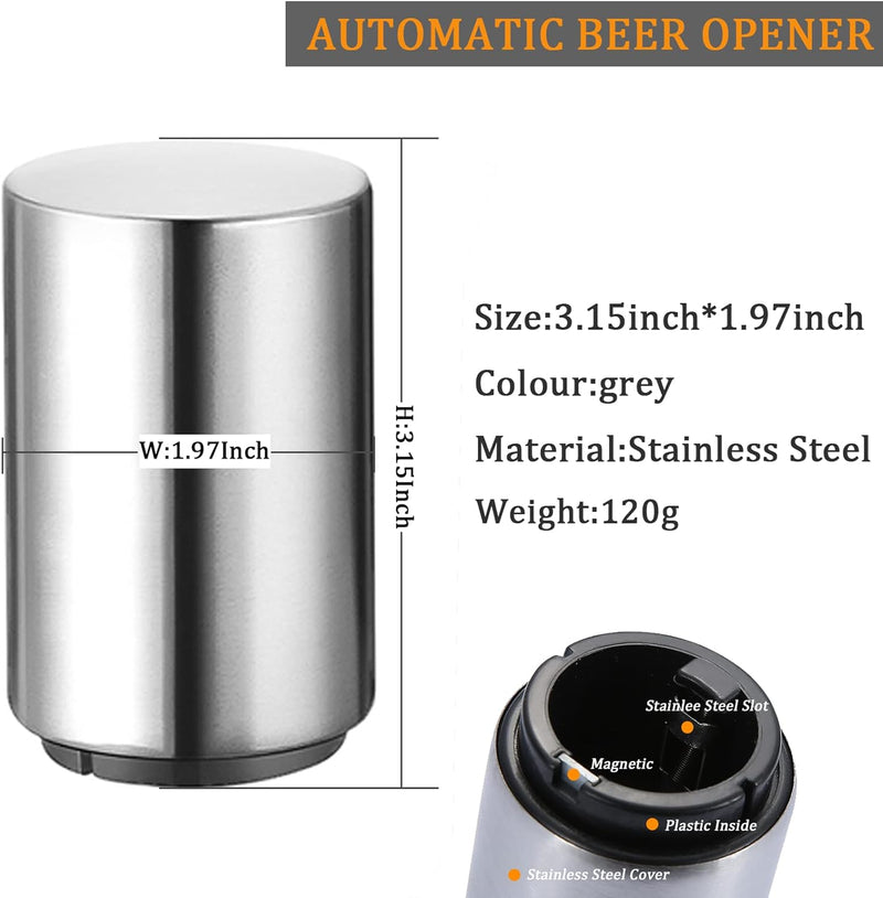 Premium Automatic Beer Bottle Opener (Stainless Steel), No Damage to Caps, Portable Push Down and Pop Off Magnetic Cap Catcher, QUICK Fun Bartender Openning Tool for Corkscrew Lid Home Bars Kitchen