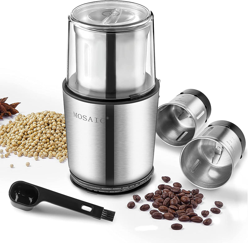 Coffee Grinder Electric, MOSAIC Herb Grinder, Spice Blender and Espresso Grinder with 2 Dishwahser Safe Stainless Steel Bowls for Coffee, Herb and Spices, Silver