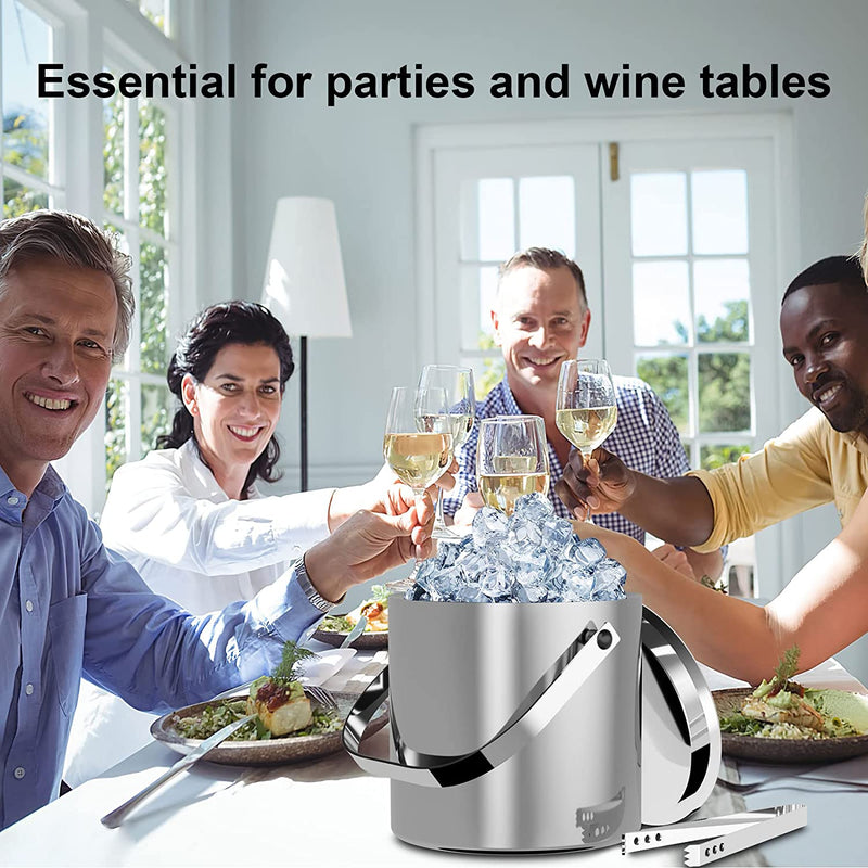 Sunmeyke Double Wall Stainless Steel Insulated Ice Bucket(1.7 Quarts), with Lid Strainer and Tongs, Great for Cocktail Bar and Parties