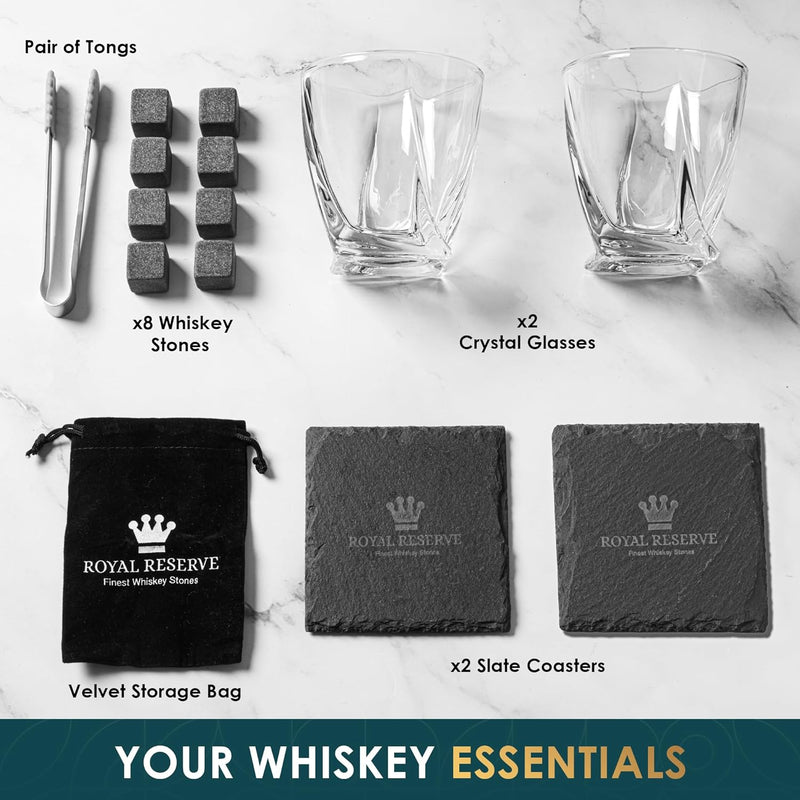 Whiskey Glasses Set of 2 with Whiskey Stones & Coasters – Whiskey Set Gifts for Men – Bourbon Glass – The Whiskey Gift for Men Dad Boss Boyfriend on Retirement, Anniversary & Birthday