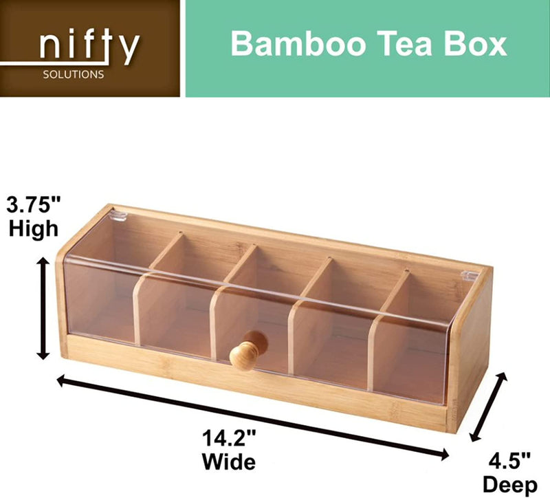 Nifty Solutions Bamboo Tea Box | 5 Compartment Tea Bag Storage | Stores up to 100 Tea Packets | Natural Wooden Tea Box | Tea Storage Containers | Organize Tea, Jewelry & Small Items