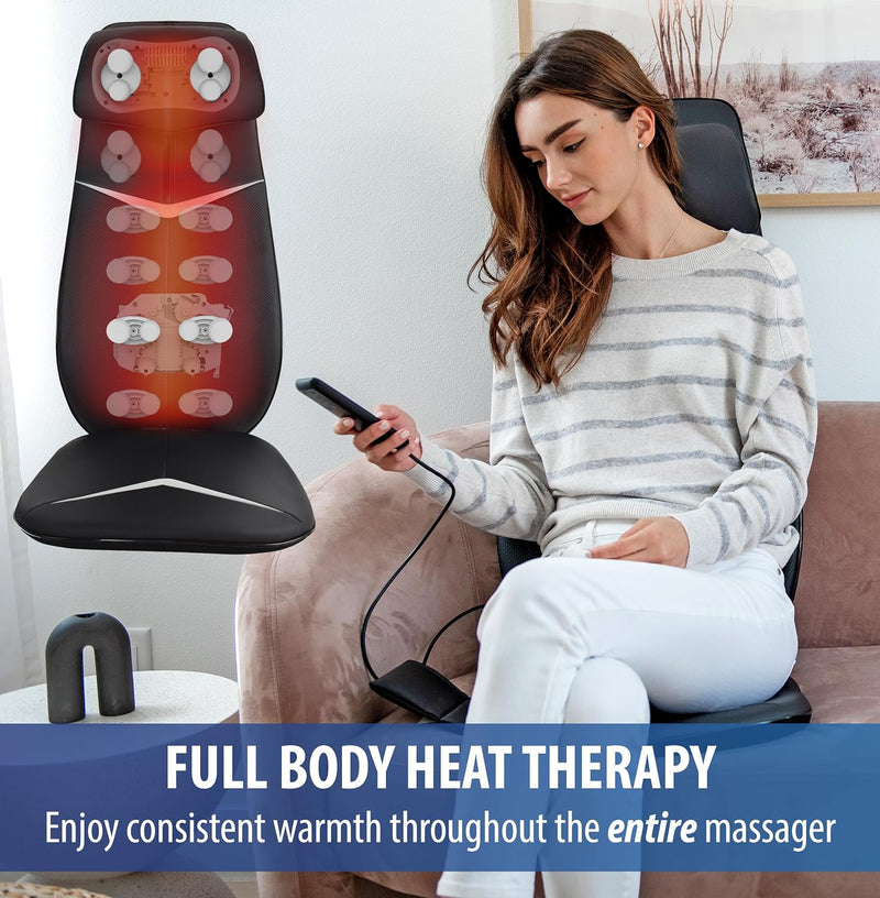 Zyllion Neck and Back Massager with Heat (Full Range) - 3D Shiatsu Kneading Deep Tissue Massage Chair Pad with Height Adjustment and Seat Vibration - Black (ZMA-33B-BK)