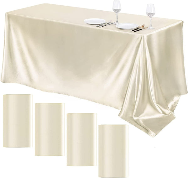 4-Pack Ivory Satin Tablecloth Set - 102x58 Inch Rectangle Shape for Wedding Banquet Party Events