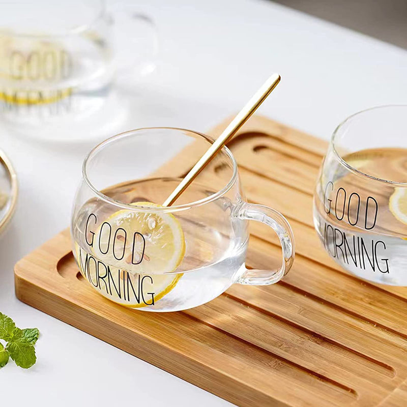 HOMEYES Glass Coffee Cups Clear Glasses Mug Tumbler for Drinking Beer Tea Water (Good Morning)