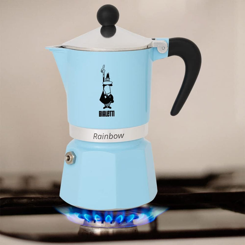 Bialetti - Rainbow: Stovetop Espresso Maker, Moka Pot 6 Cups (8.4 Oz - 250 Ml), Aluminium, Light blue