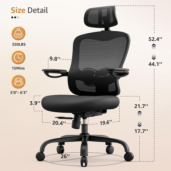 Ergonomic Office Chair Fully Adjustable - Comfortable Big and Tall Computer Desk Chairs with Lumbar Support, Mesh High Back Adjustable with 3D Headrest, 90-130° Tilt Lock, Flip-up Arms