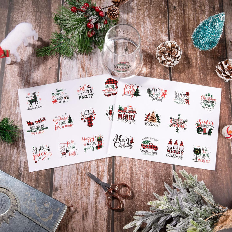 AnyDesign 120Pcs Christmas Wine Glass Drink Markers 24 Styles Xmas Static Cling Stickers Removable Buffalo Plaids Wine Bottle Tags Wine Charms Alternative for Champagne Cocktail Wine Party Supplies