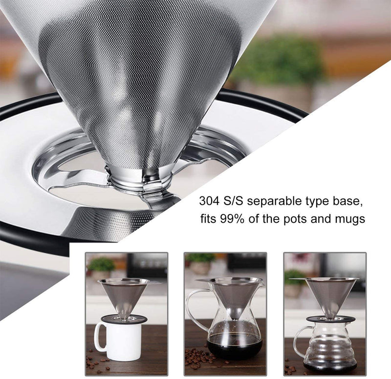 LHS Pour Over Coffee Dripper Stainless Steel Coffee Filter Metal Cone Filter Paperless Reusable Coffee Filter Single Cup Coffee Maker 1-2 Cup With Non-slip Cup Stand and Cleaning Brush