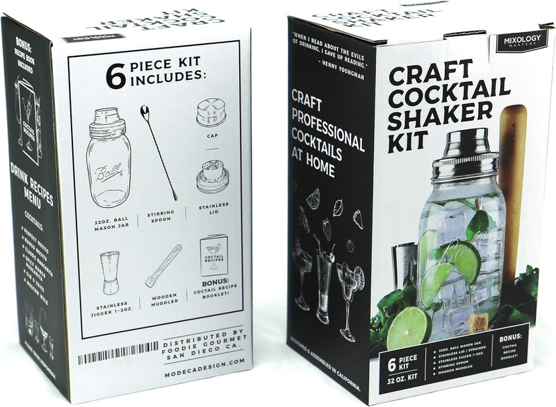 Premium Cocktail Shaker Kit Bar Gift Set with Mason Jar, Jigger, Spoon, Wooden Muddler, Recipe Book