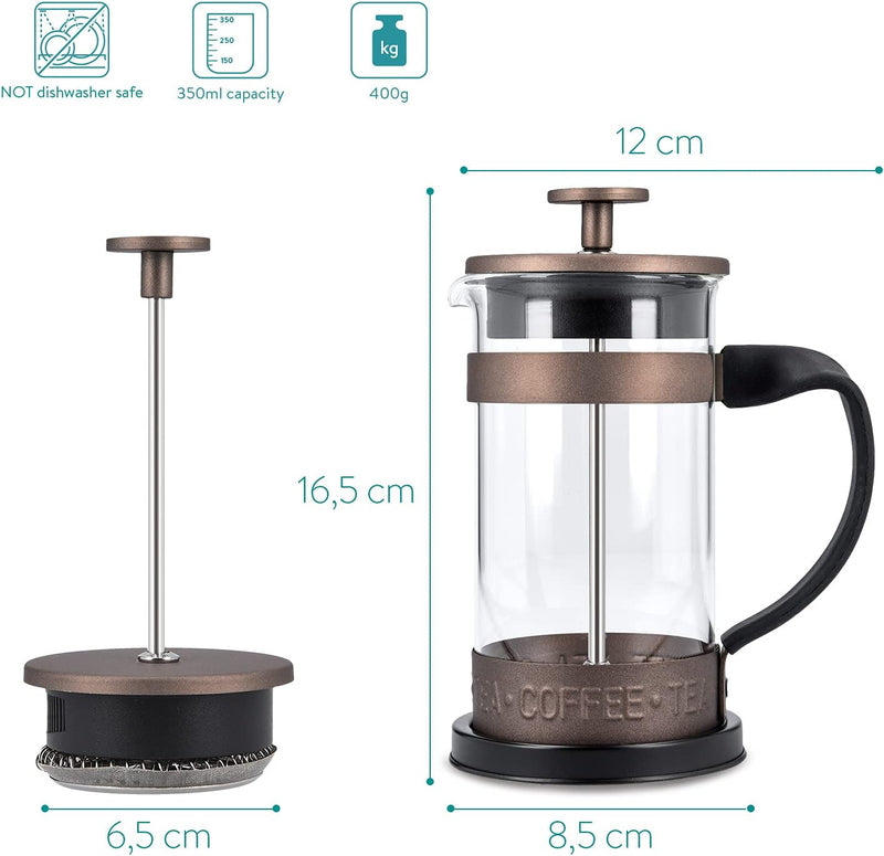 Navaris Retro French Press Coffee Maker (12 oz) - Stainless Steel Coffee Press Tea Maker with Plunger, Filter, Durable Borosilicate Glass Beaker