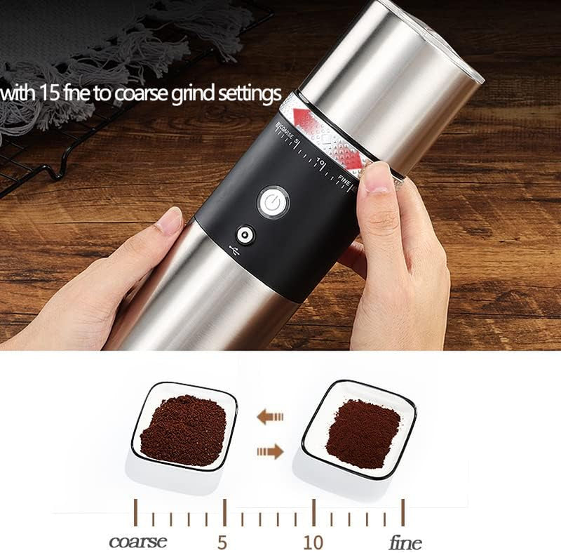 Electric Conical Burr Coffee Grinder Mni Portable Cordless Rechargeable Espresso Travel Coffee Bean Grinder Stainless Steel Coffee Maker with 15 Fine to Coarse Grind Settings Christmas Gift (Black)