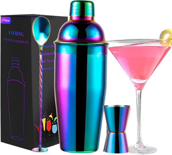 Safring 24oz Cocktail Shaker Bar Set, Martini Shaker with Built-in Strainer, Measuring Jigger, Mixing Spoon, Professional Stainless Steel Large Bartender Drink Shaker Margarita Alcohol Mixer-Rainbow