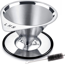 LHS Pour Over Coffee Dripper Stainless Steel Coffee Filter Metal Cone Filter Paperless Reusable Coffee Filter Single Cup Coffee Maker 1-2 Cup With Non-slip Cup Stand and Cleaning Brush