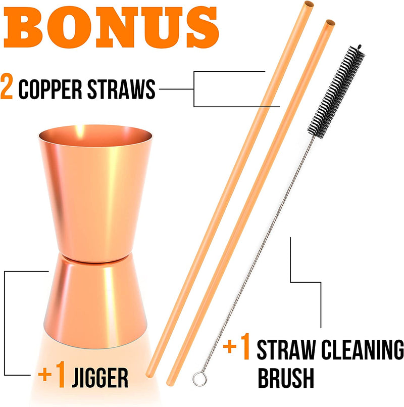 Benicci Moscow Mule Copper Mugs - Set of 2, 100% HANDCRAFTED - Food Safe Pure Solid Copper Mugs - 16 oz Gift Set with Premium Quality Cocktail Copper Straws, Straw Cleaning Brush and Jigger!