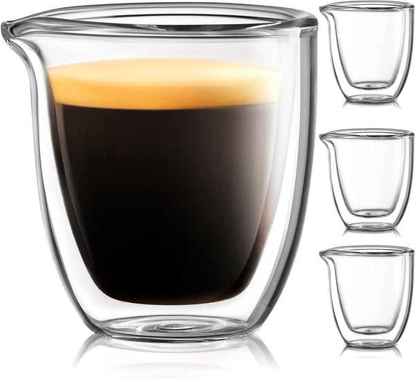 Pouring Espresso Cups Set of 4 - Glass Espresso Cups Shot Glass with Spout 2.7 OZ - Double Espresso Cups - Small Doppio Double Walled Clear Espresso Cups - Expresso Coffee Cup - Espresso Accessories
