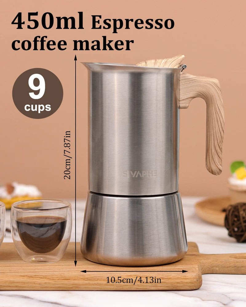 Sivaphe Stovetop Espresso Maker Stainless Steel 9 Cups, Induction-Capable Mocha Pot 450ml, Coffee Percolator with Step-by-step Instructions (1 Cup=50ml)