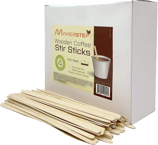 Makerstep 1000 Birch Wood Coffee Stirrers, 7 Inch Coffee Stir Sticks, Eco-friendly, Sturdy Wooden Sticks. Splinter Free, Round End. For Tea, Beverage, and Popsicle.