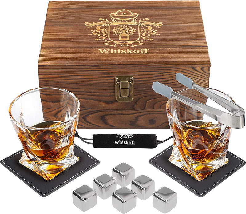 Whiskey Glass Set of 2 - Bourbon Stones Gift For Men Includes Crystal Whisky Rocks Glasses , Chilling Stones , Slate Coasters Scotch Glasses in Wooden Box Wisky Burbon Retirement Gifts