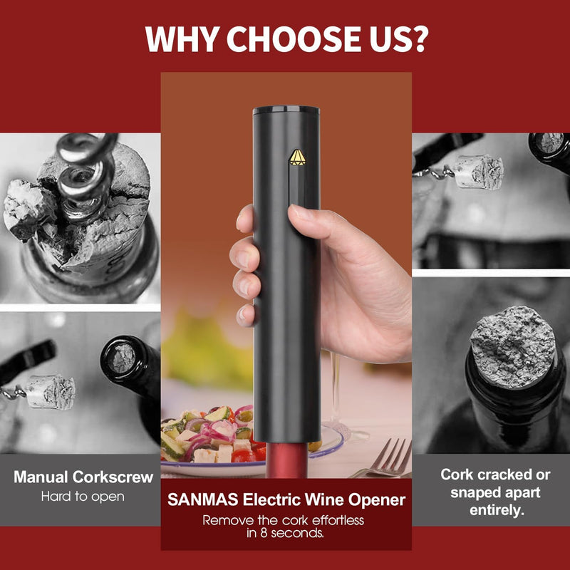 SANMAS Electric Wine Bottle Openers, Automatic Wine Opener Set with Foil Cutter, Battery Operated Cordless Black Wine Corkscrew for Wine Lovers Kitchen Home Bar Wedding Christmas Gift