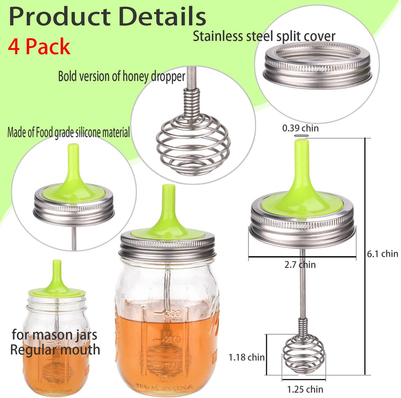 4 Pack mason jar honey dipper lid, Honey Dispenser. Stainless steel stirring stick, coffee stirring stick, suitable for drinks/cocktails/coffee/hot tea/milk/beverages (green)