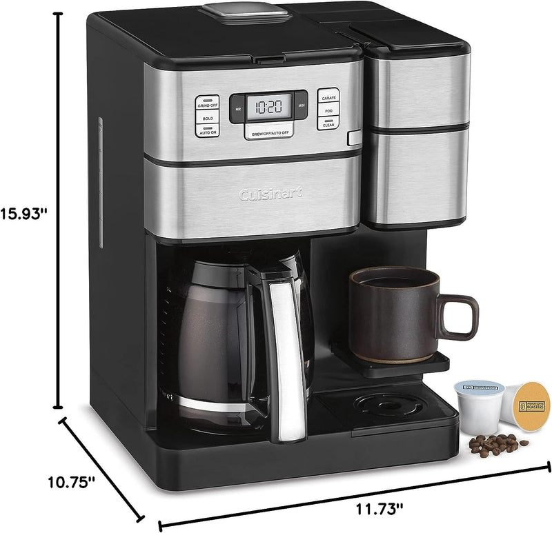 Cuisinart SS-GB1 Coffee Center Grind and Brew Plus, Built-in Coffee Grinder, Coffeemaker and Single-Serve Brewer with 6oz, 8oz and 10oz Serving Size, Black/Silver, 12-Cup Glass