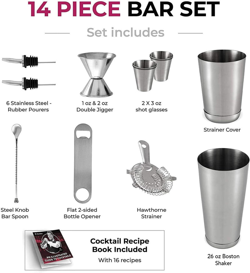 FineDine 14-Piece Cocktail Shaker Set Bartender Kit - Boston Shaker w/Strainer, Bar Jigger, Bar Spoon & More - Full Stainless Steel Cocktail Set w/Bar Tools - Drink Mixer Bar Set - Bar Accessories
