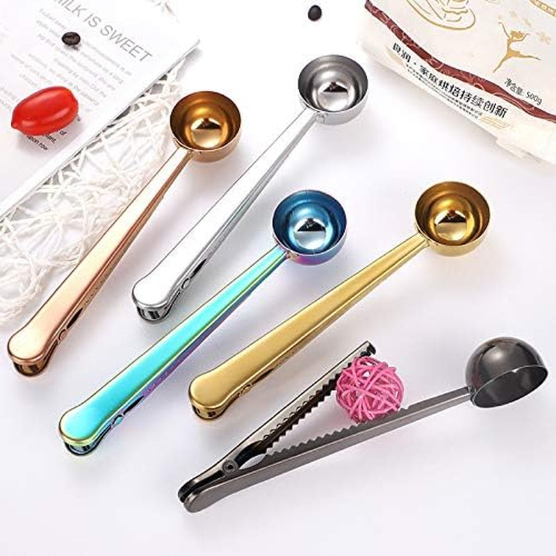 Set of 5 Coffee Scoop Clip,2-in-1 Stainless Steel Coffee Measuring Spoon with Sealing Clips, Kitchen Craft Long Handle Spoon Bag Clip for Coffee, Milk Powder, Oatmeal, Tea,Spices -Multicolor