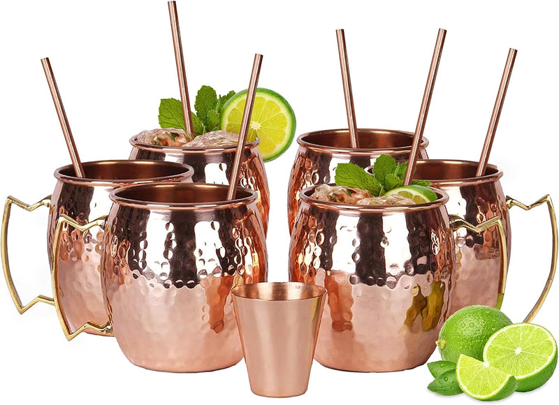 will's Moscow Mule Copper Mugs - Set of 4-100% Pure Solid Copper Mugs - 16 oz Premium Gift Set with 4 Cocktail Copper Straws, Shot Glass and Recipe Booklet