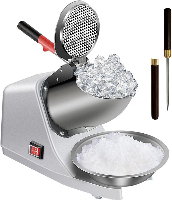 OKF Ice Shaver Prevent Splash Electric Three Blades Snow Cone Maker 380W Stainless Steel Shaved Ice Machine 286lbs/hr Home and Commercial Ice Crushers with Ice Pick (Silver)