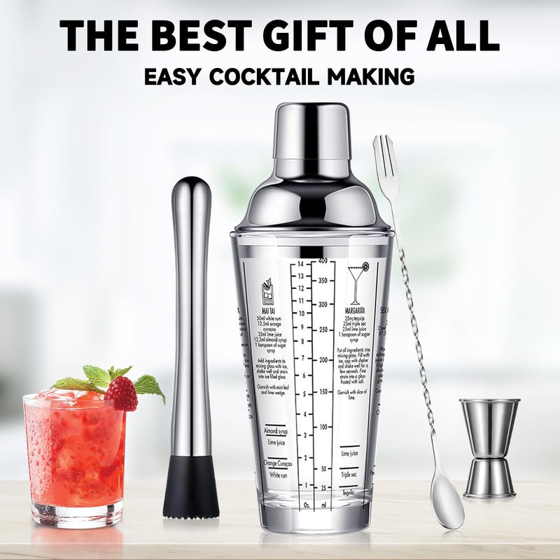 Glass Cocktail Shaker Stainless Steel Leak-Proof Lid Boston Shaker Martini Shaker Beginner Bartender Kit with Jigger 22oz Mixed Drink Shaker with Measurements Ice Shaker Mixing Glass Bar Tools