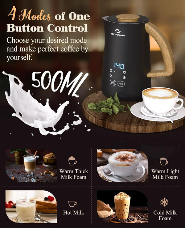 Nuovoware 4-in-1 Milk Frother and Steamer with Temperature Control Dispaly Screen, Electric Automatic Frother for Hot Chocolate Milk, Cappuccinos, Latte, Macchiato, Black