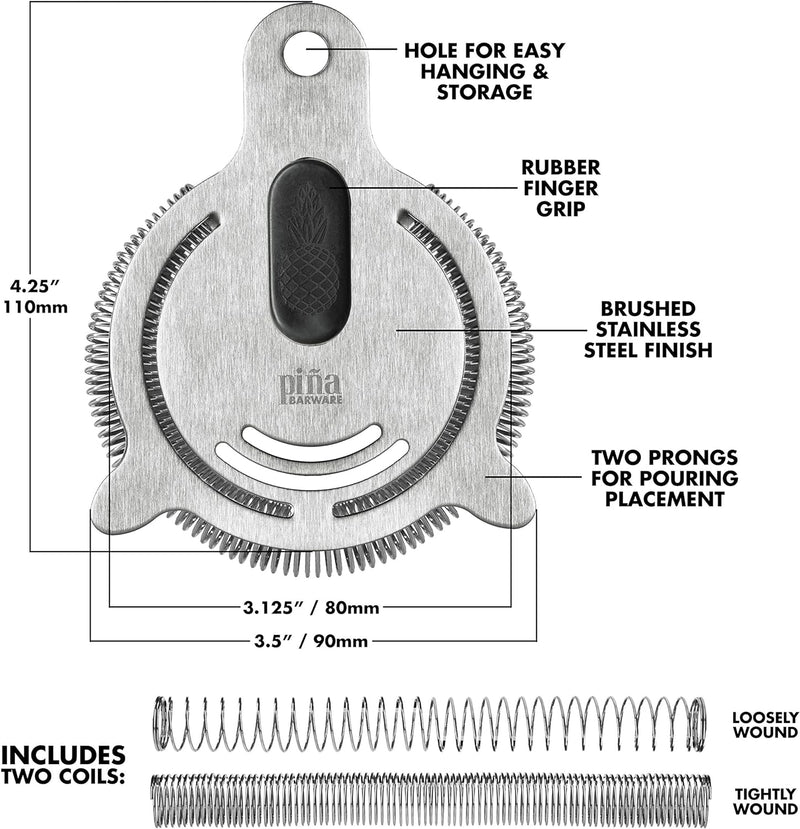 Piña Barware's The Hawthornette - Stainless Steel Commercial Hawthorne Style Cocktail Bar Strainer with Two Coils, Polished Finish 1 Pack