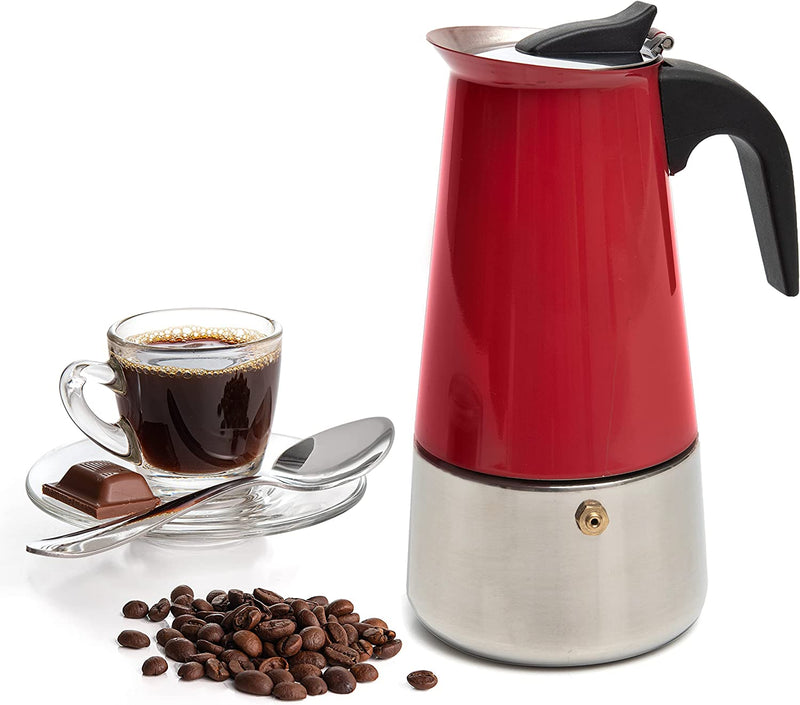 Mixpresso 9 Cup Coffee Maker Stovetop Espresso Coffee Maker, Moka Coffee Pot with Coffee Percolator Design, Stainless Steel stovetop espresso maker, Italian Coffee Maker, Red Coffee Maker