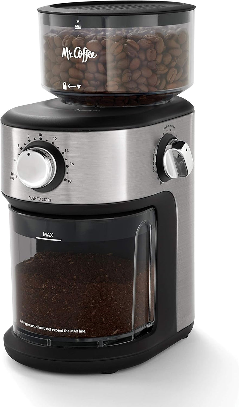 Mr. Coffee Automatic Burr Mill Coffee Grinder with 18 Custom Grinders, Silver