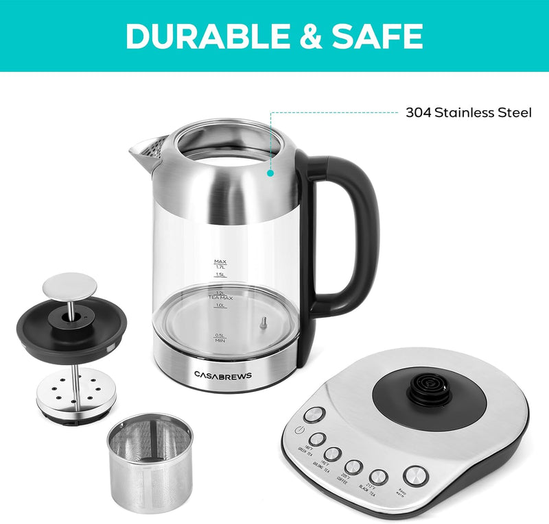 CASABREWS Electric Tea Kettle, 1500W Stainless Steel Electric Kettle with Temperature Control, 1.7L Tea Maker Machine with Dry-Boil Protection and Infuser for Loose Tea, 1H Keep Warm, Gift for Mom Dad