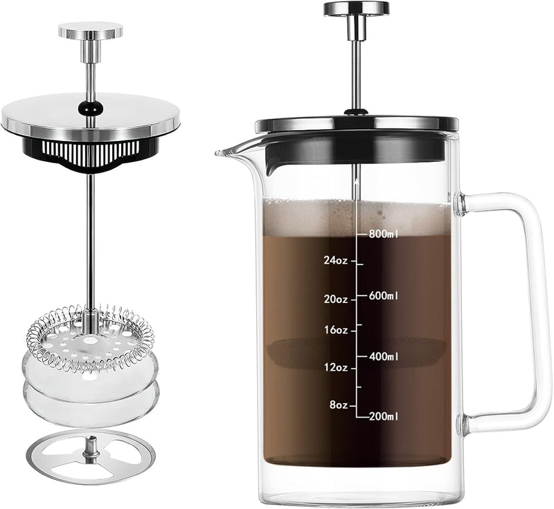 Upspirit French Press Coffee Maker, Coffee Presses Glass Double Wall Insulated Hot Cold Brew Coffee Tea Maker, 6 Cup Espresso Pot With 3 Filters, 27oz/800ml