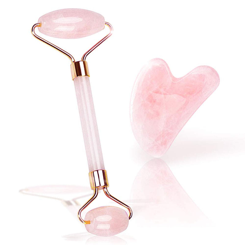 Rose Quartz Jade Roller and Gua Sha Tools Set, MJartoria Face Roller Skin Care, Facial Roller Beauty Massager, Jade Roller for Face, Eyes, Neck, Relieve Wrinkles Fine Lines